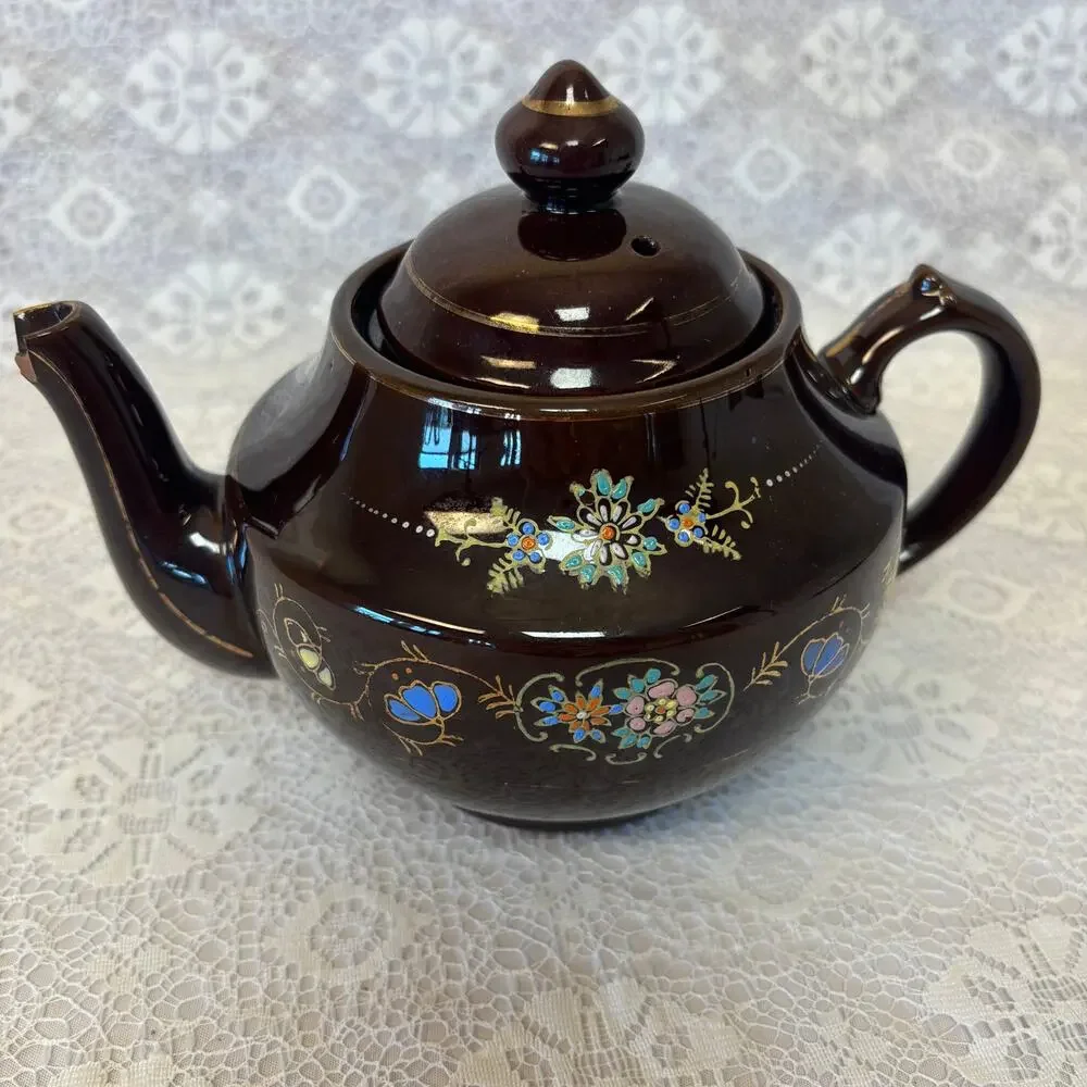 Vintage Mikado Japan Brown Teapot Hand Painted Floral Gold Trim